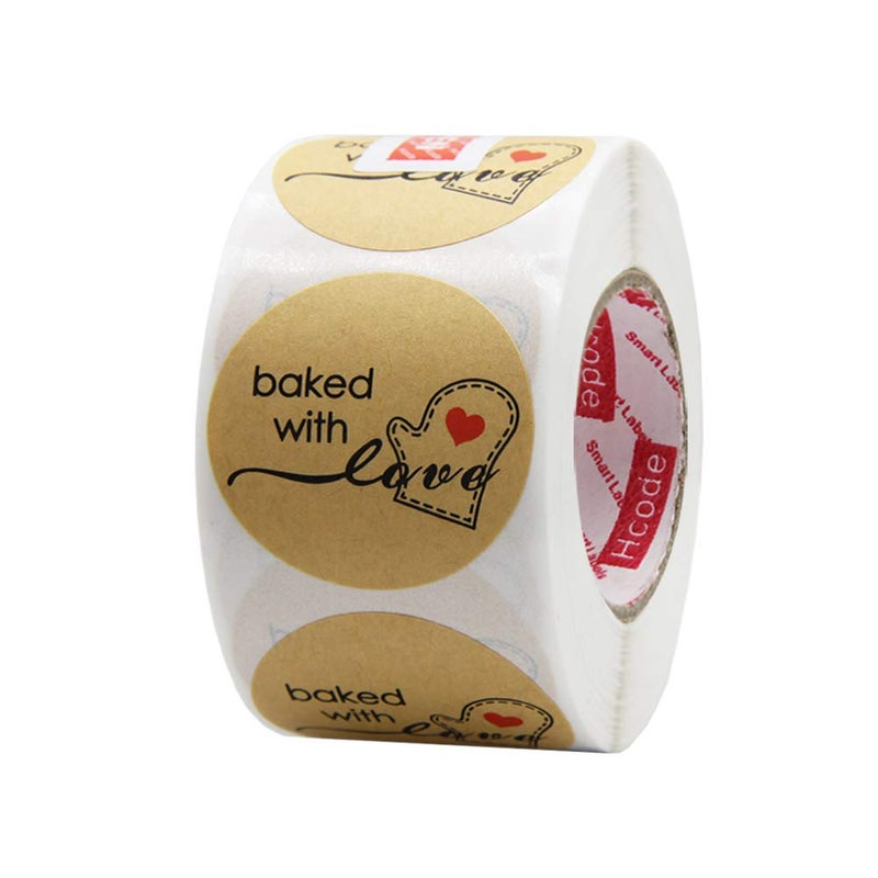 Hcode 500 Natural Kraft Paper Round Baked with Love Stickers with Red Heart in Baking Gloves 1.5 Inch Adhesive Label (1 roll, Kraft Baked with Love) - Image 1